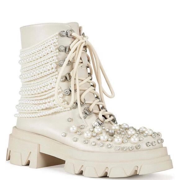 Azalea Wang Shoes - Azalea Wang Pearl Embellished Platform Combat Boots Sz 6 Y2K diamond NEW